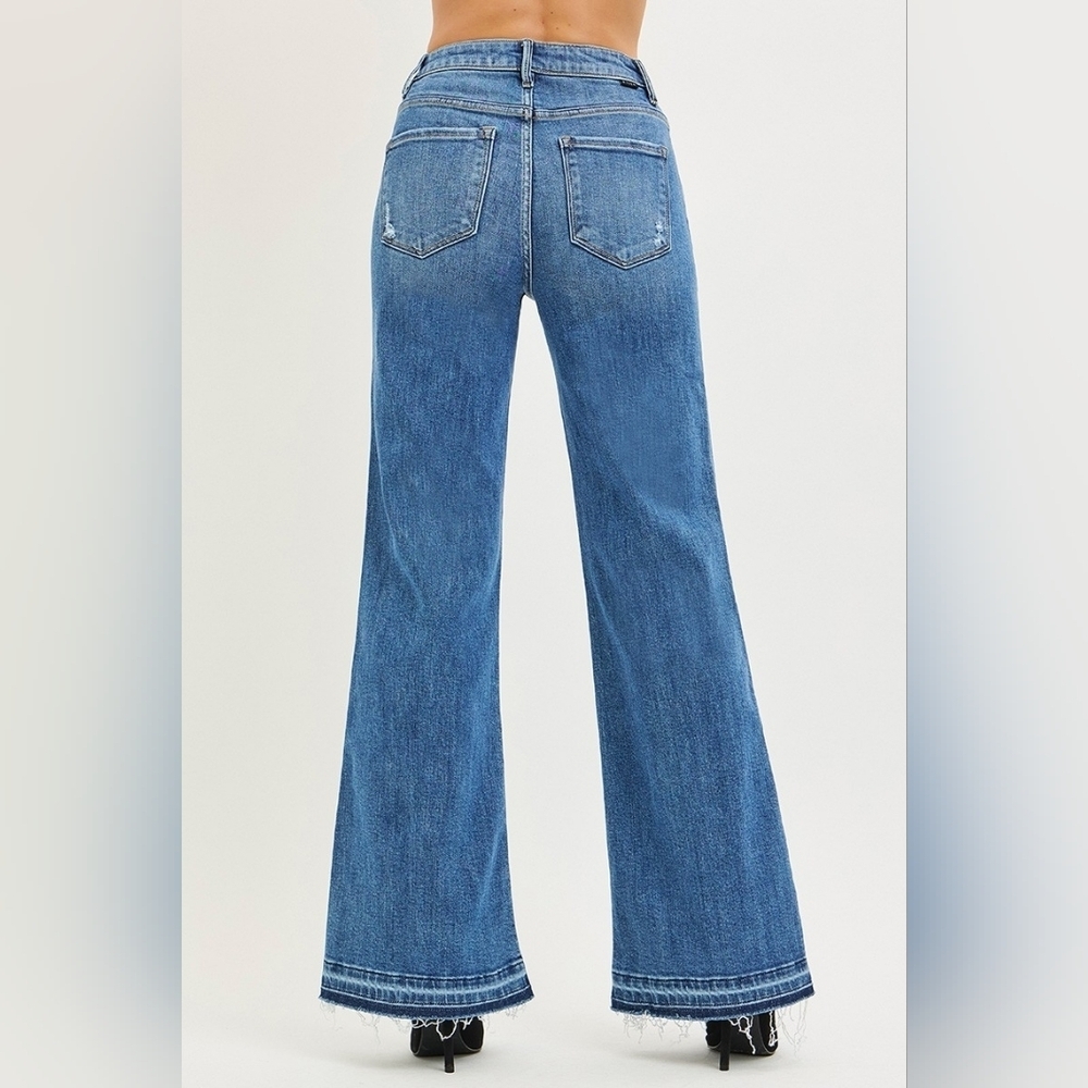 RISEN HR Tummy Control Medium Wash Wide Leg Jeans Released Hem Various NEW - Picture 10 of 12